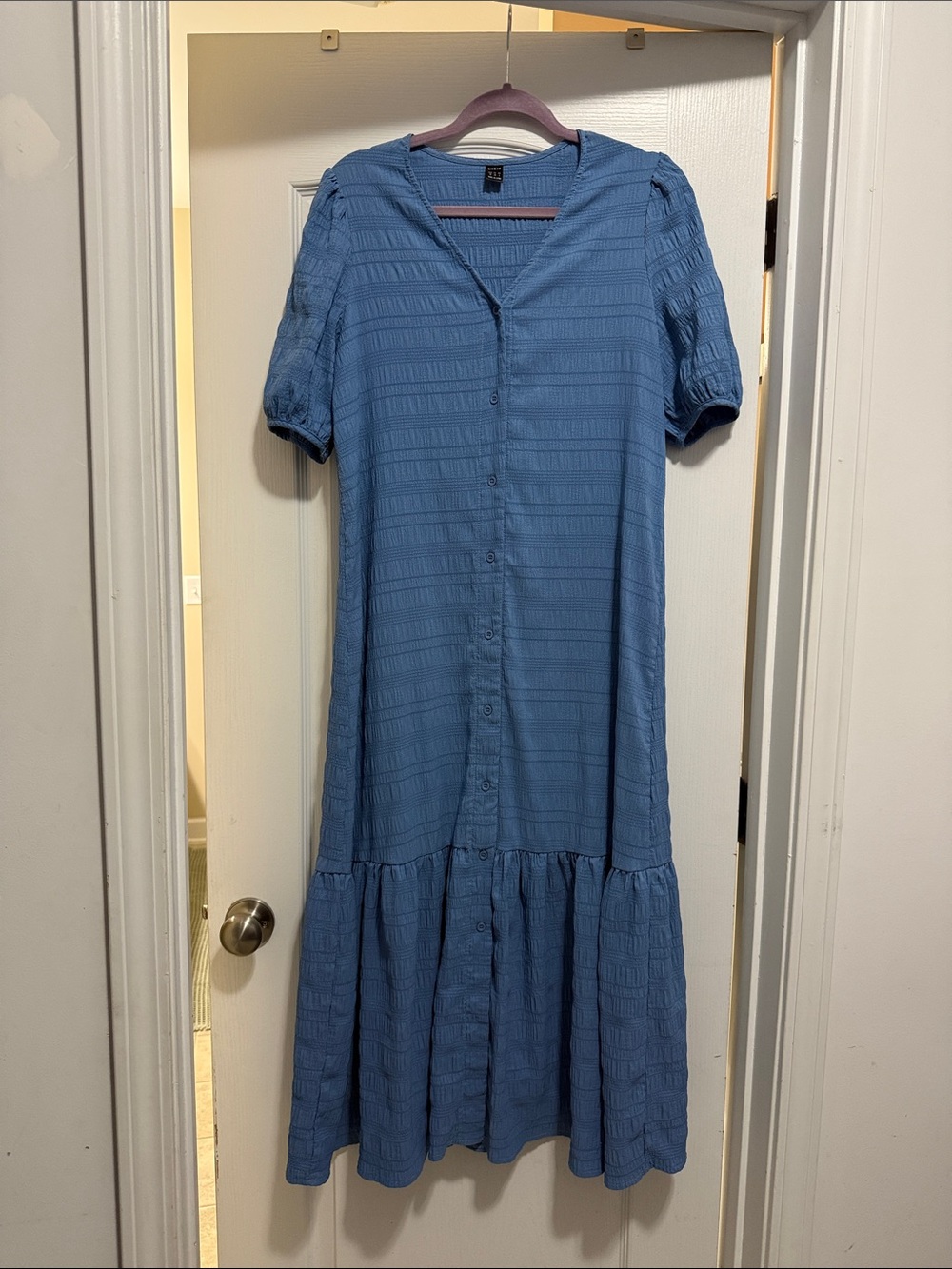SHEIN Blue Button-Down Midi Dress with Puff Sleeves